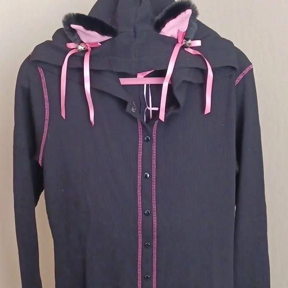 DOLLSKILL SUGAR THRILLZ 1X BLACK LONG-SLEEVED CAT ROMPER EARS ON HOOD BOWS/BELL - Picture 16 of 17